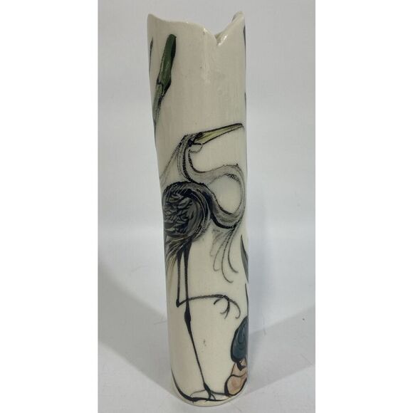Nancy Salamon Clay Born Pottery Whimsical Art Pottery vase Hand Painted Crane - Picture 2 of 15